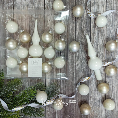 Набор белых стеклянных шаров 3 см с верхушкой для настольной елки Koopman