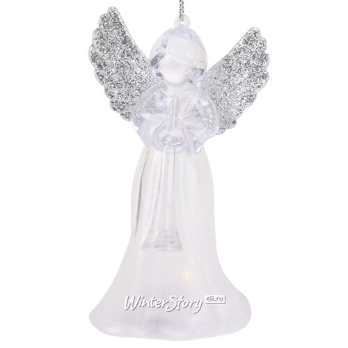 Светящаяся елочная игрушка Ангел Иоганно с серебристыми крыльями 12 см на батарейке, RGB LED подсветка, подвеска Koopman