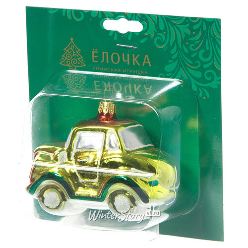 Стеклянная елочная игрушка Машинка 8 см зеленая, подвеска Фабрика Елочка