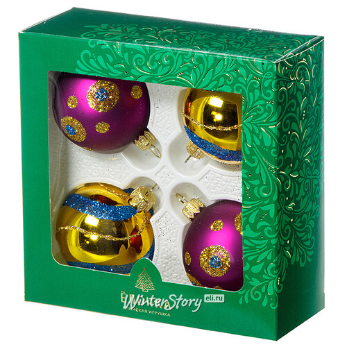 Набор стеклянных елочных шаров Фейерверк 6 см, 4 шт, фиолетовый с золотым Фабрика Елочка