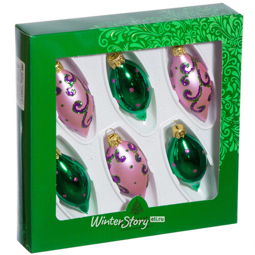 Набор елочных игрушек Сосульки Омега фиолетовые с зелеными 10 см, 6 шт, стекло Фабрика Елочка