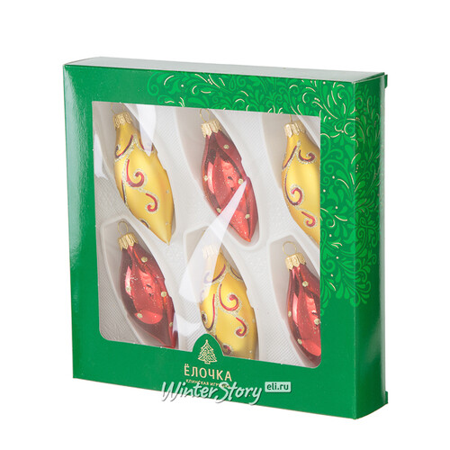 Набор елочных игрушек Сосульки Омега красные с золотыми 10 см, 6 шт, стекло Фабрика Елочка