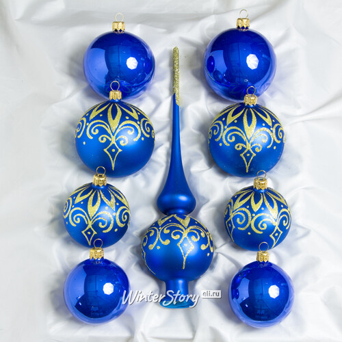 Набор стеклянных елочных шаров с верхушкой Вечерний синий Фабрика Елочка
