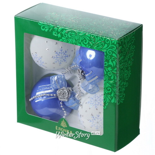 Набор стеклянных елочных шаров Романтика 7 см, 4 шт белый с голубым Фабрика Елочка