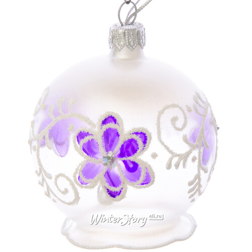 Стеклянный елочный шар Цветочный узор 7 см прозрачный с фиолетовым Фабрика Елочка