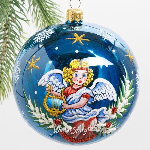 Стеклянный елочный шар Ангелочек 9 см голубой Фабрика Елочка