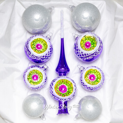 Набор стеклянных елочных шаров с верхушкой Арктика фиолетовый Фабрика Елочка
