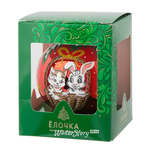 Стеклянный елочный шар Зодиак - Кот и Кролик в корзинке 8 см красный Фабрика Елочка