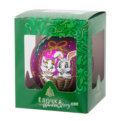 Стеклянный елочный шар Зодиак - Кот и Кролик в корзинке 8 см вишневый Фабрика Елочка