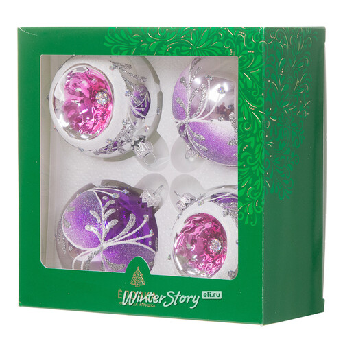 Набор стеклянных елочных шаров Зимние фонарики 8 см, 4 шт фиолетовый Фабрика Елочка