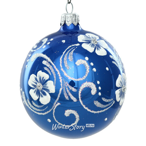 Стеклянный елочный шар Белые Цветы 7 см синий Фабрика Елочка