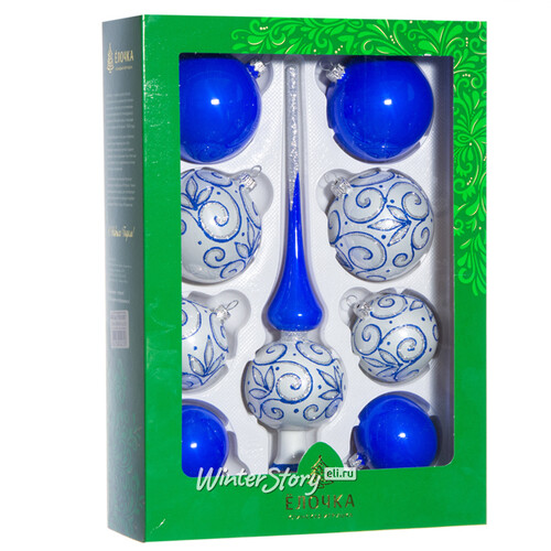 Набор стеклянных елочных шаров с верхушкой Признание синий Фабрика Елочка