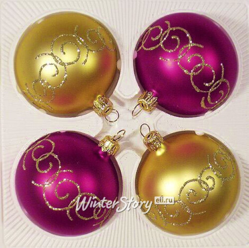 Набор стеклянных елочных шаров Плетение 6 см, 4 шт фиолетовый с золотым Фабрика Елочка