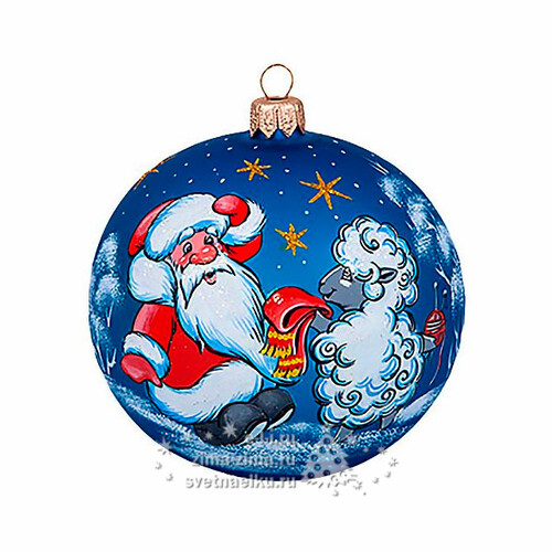 Стеклянный елочный шар Овечка с Дедом Морозом 9 см красный Фабрика Елочка