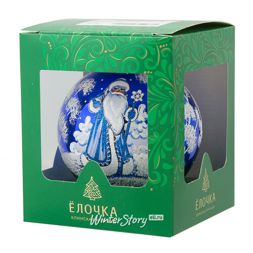 Стеклянный елочный шар Дед Мороз 9 см синий Фабрика Елочка