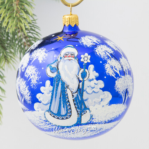 Стеклянный елочный шар Дед Мороз 9 см синий Фабрика Елочка