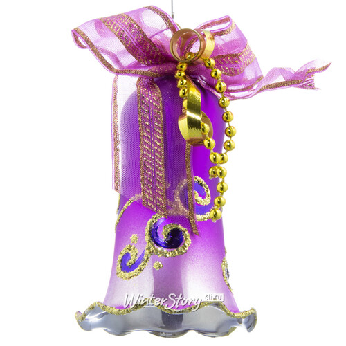 Стеклянная елочная игрушка Колокольчик Праздничный, 8.5 см фиолетовый, подвеска Фабрика Елочка