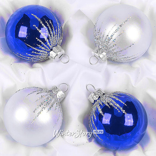 Набор стеклянных елочных шаров Капельки 6 см, 4 шт белый с синим Фабрика Елочка