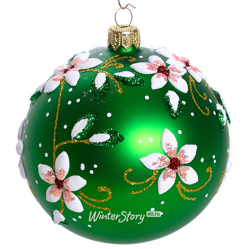 Стеклянный елочный шар Цветочный 9 см зеленый матовый Фабрика Елочка