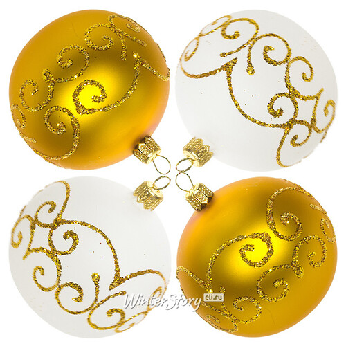 Набор стеклянных елочных шаров Гармония 4*7 см белый с золотым Фабрика Елочка