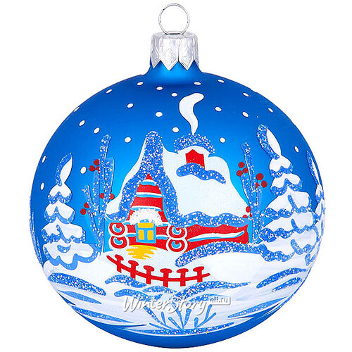Стеклянный елочный шар Зимовье 8 см синий Фабрика Елочка