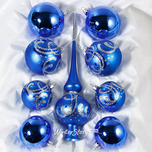 Набор стеклянных елочных шаров с верхушкой Юбилейный серебряный с голубым Фабрика Елочка