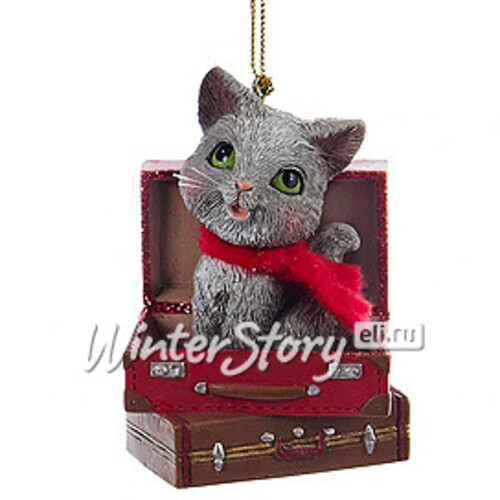 Елочная игрушка Серый котенок милашка в чемодане 8 см, подвеска Kurts Adler