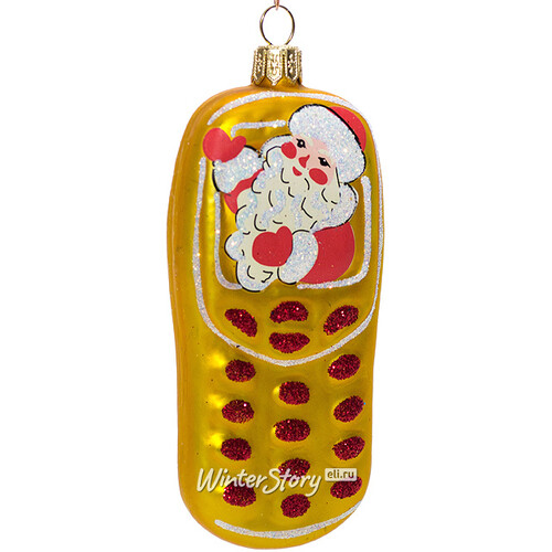Стеклянная елочная игрушка Телефон 8 см золотой, подвеска Фабрика Елочка