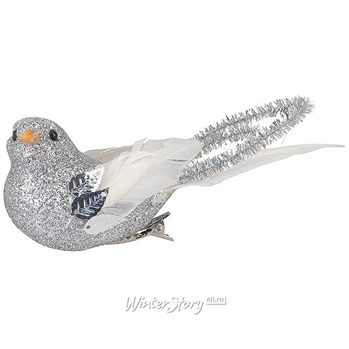 Елочное украшение Птичка Невеличка 14 см серебряная, 2 шт, клипса Koopman