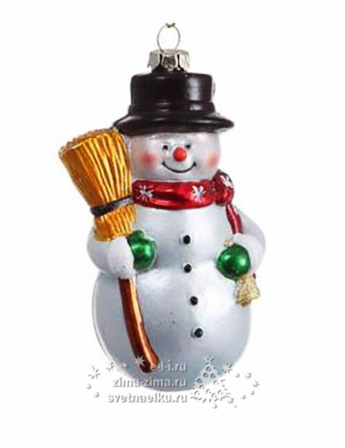 Елочная игрушка "Снеговик с метлой", 7 см, серебро, подвеска Царь Елка