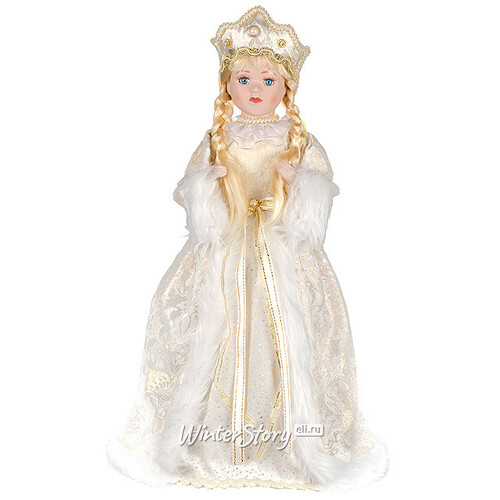 Снегурочка в бело-золотой шубе кокошнике и платье с шифоновым воротничком 45 см Holiday Classics