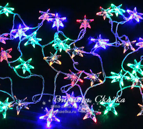 Светодиодная гирлянда Звезды 36 разноцветных LED ламп 5.1 м, прозрачный ПВХ Snowmen
