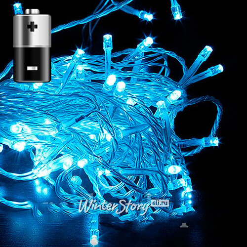 Светодиодная гирлянда на батарейках Premium Led 100 небесно-голубых LED ламп 5 м, прозрачный СИЛИКОН, бегущие огни, таймер, IP67 BEAUTY LED