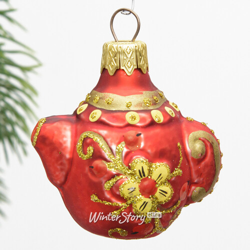 Стеклянная ёлочная игрушка Чайник - Золотая Хохлома 6 см, подвеска Коломеев