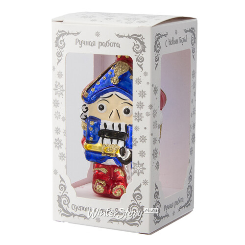 Стеклянная елочная игрушка Щелкунчик - Сказочный принц 9 см синий, подвеска Коломеев