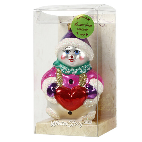 Стеклянная елочная игрушка Снеговичок с сердечком 10 см, подвеска Коломеев