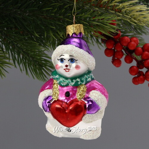 Стеклянная елочная игрушка Снеговичок с сердечком 10 см, подвеска Коломеев