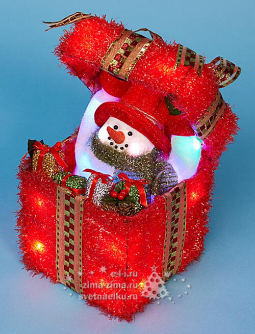 Подарок красный со снеговичком, разноцв. LED