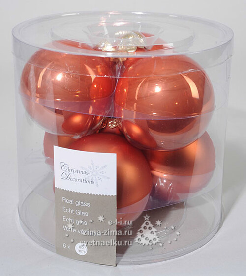 Набор стеклянных шаров 8 см, 6 шт, оранжевый mix Kaemingk