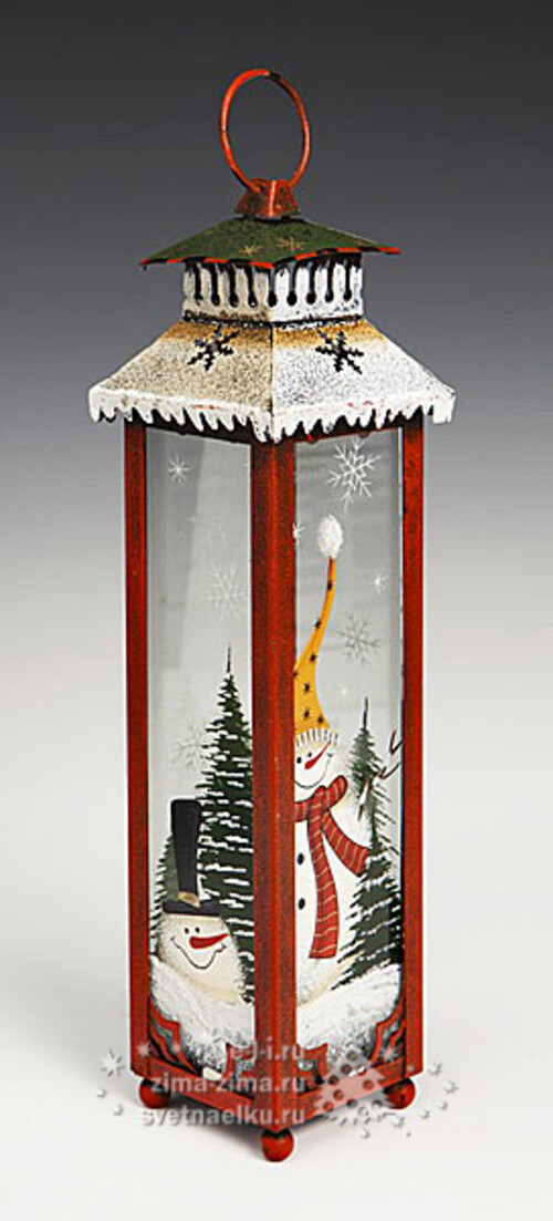 Фонарик рождественский красный со снеговичками, 8*8*27 см Holiday Classics