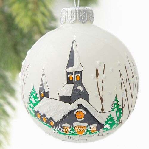 Стеклянный елочный шар Зимний пейзаж 65 мм, белый Коломеев