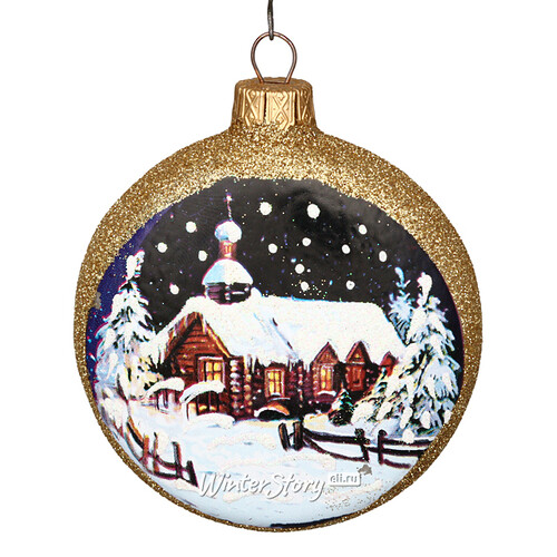 Стеклянная елочная игрушка-медальон Зимний Пейзаж 8 см, подвеска Коломеев