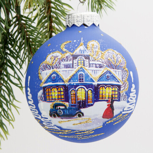 Стеклянный елочный шар Рождественская ночь 80 мм, синий матовый Коломеев