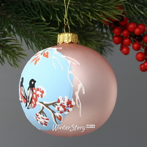 Стеклянный елочный шар Снегири на веточке 8 см розовый матовый Коломеев
