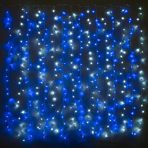Светодиодный Занавес 1.5*1.5 м, 368 синих/холодных белых LED ламп, прозрачный ПВХ, соединяемый, IP20 Snowhouse