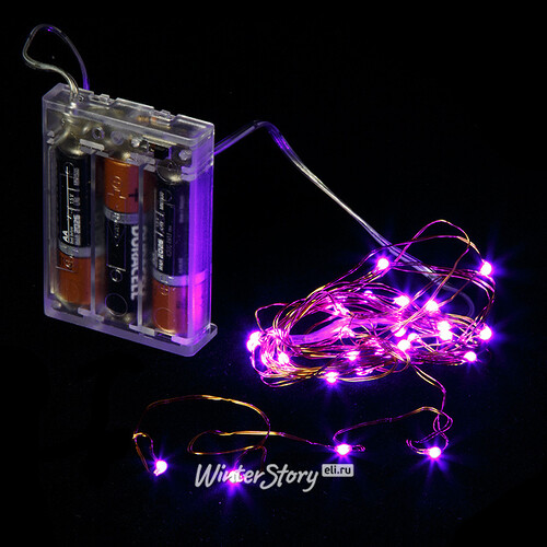 Светодиодная гирлянда Капельки на батарейках 30 фиолетовых MINILED ламп 3 м, медная проволока Snowhouse