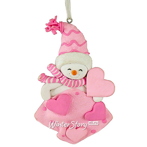 Елочное украшение Снеговик с Сердечками 12 см розовый, подвеска Forest Market