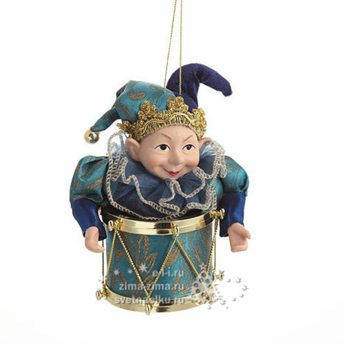 Елочное украшение "Веселый эльф с барабаном", 18 см, синий с золотом, подвеска Царь Елка