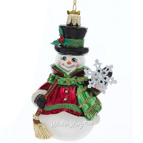 Стеклянная елочная игрушка Снеговик Скромняга со снежинкой 13 см, подвеска Kurts Adler