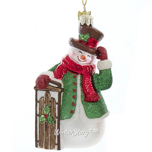 Стеклянная елочная игрушка Снеговик Весельчак с санками 13 см, подвеска Kurts Adler